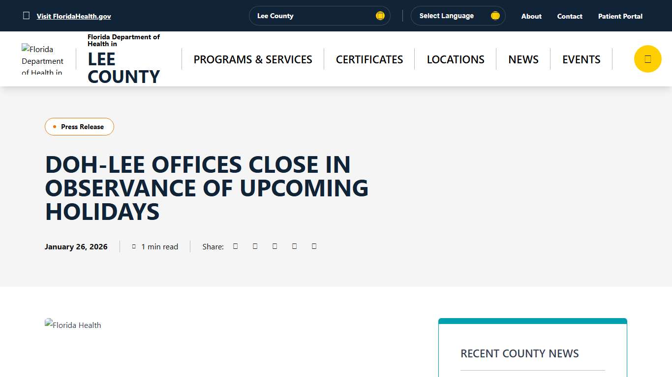 DOH-Lee Offices Close in Observance of Upcoming Holidays - Florida Department of Health in Lee County
