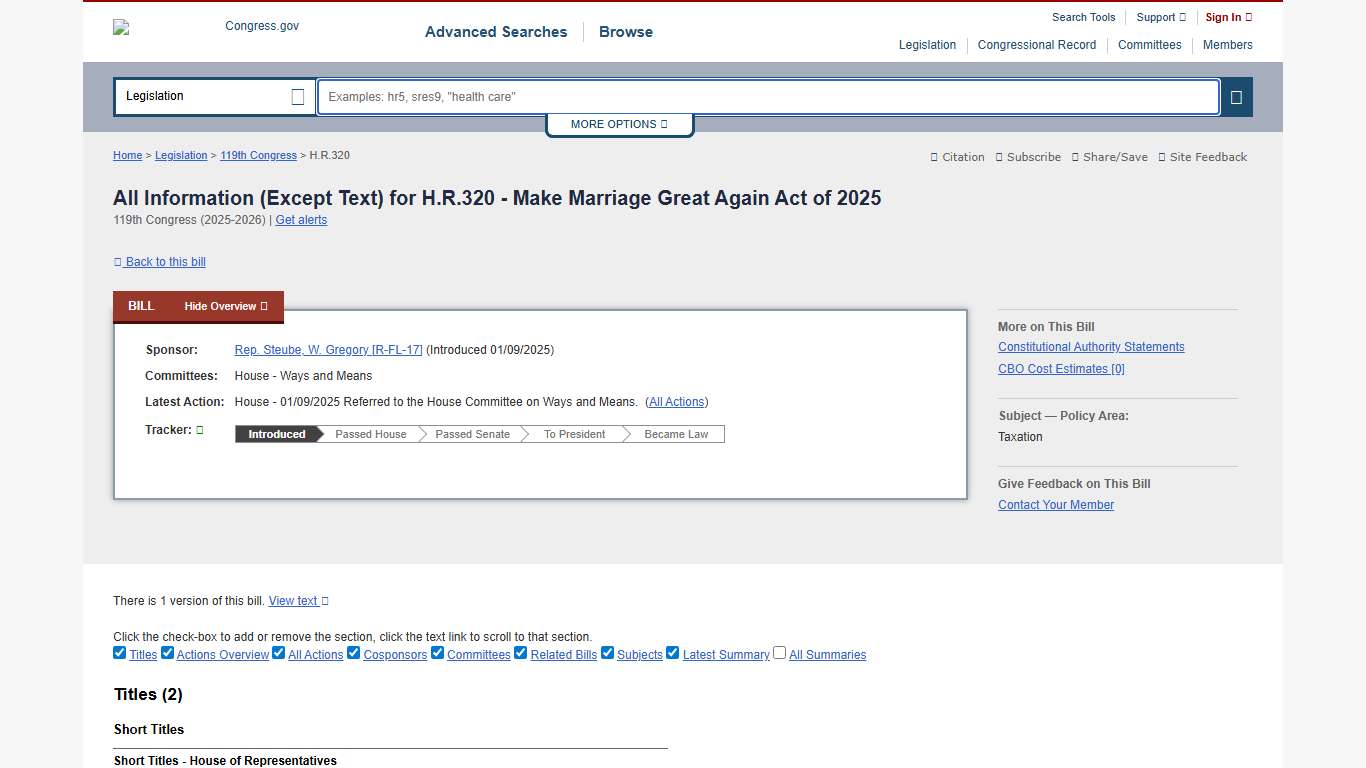 All Info - H.R.320 - 119th Congress (2025-2026): Make Marriage Great Again Act of 2025 Congress.gov Library of Congress