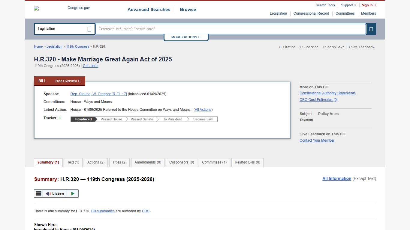 H.R.320 - 119th Congress (2025-2026): Make Marriage Great Again Act of 2025 Congress.gov Library of Congress