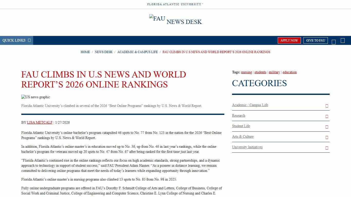 FAU FAU Climbs in U.S News and World Report’s 2026 Online Rankings