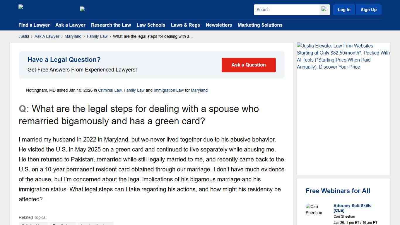 What are the legal steps for dealing with a spouse who remarried bigamously and has a green card? - Maryland Family Law Questions & Answers - Justia Ask A Lawyer